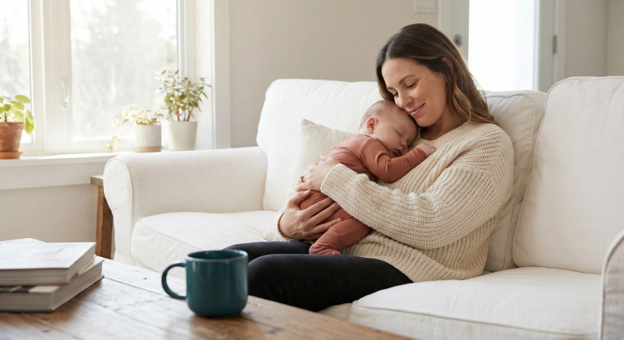 Cozy moment with a mother holding her sleeping baby, conveying comfort and security in Aablexema clothing.
